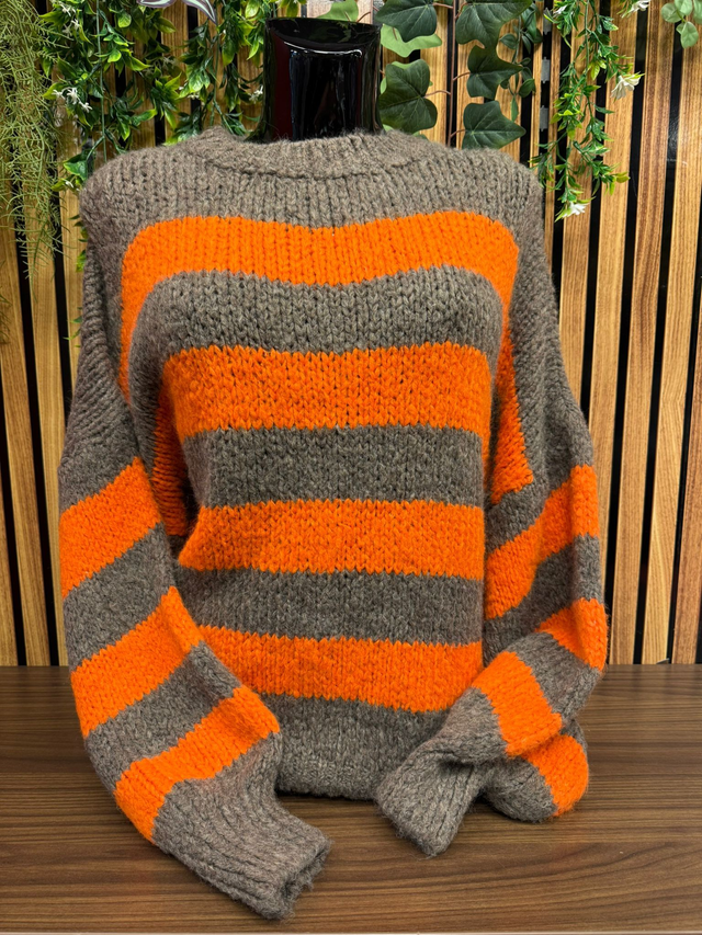 Trui Bibi - Taupe/oranje