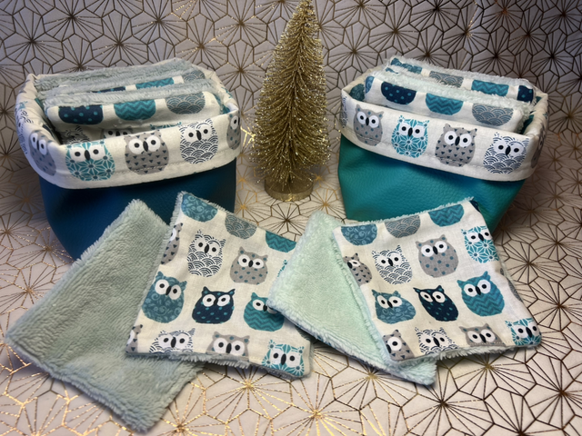 Lingettes et panière hiboux bleu 
