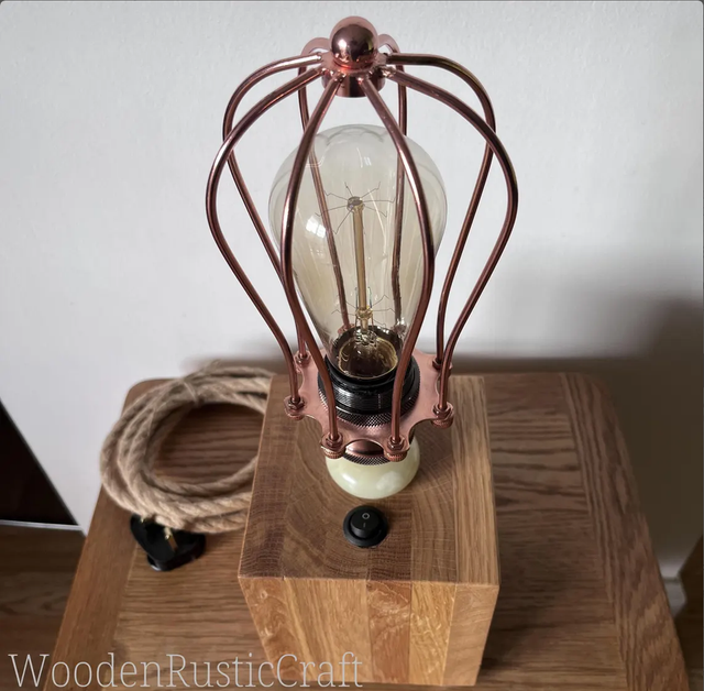 Large, Heavy Oak Cube Lamp with Metal Bulb Guard