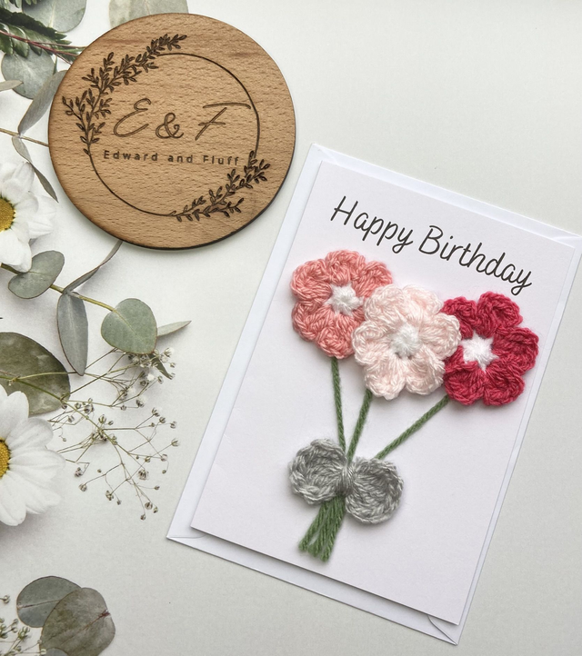Birthday card, Happy Birthday, Flower card, Pink flower card, Handmade Crochet card