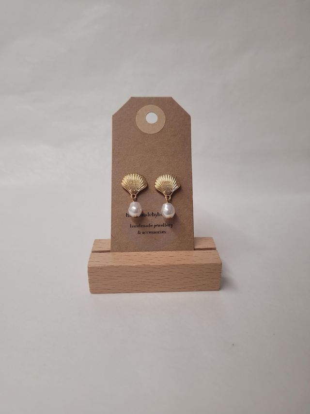 Shell Charm Drop Stud Earrings With Pearl Bead - Gold Plated - HBH-028