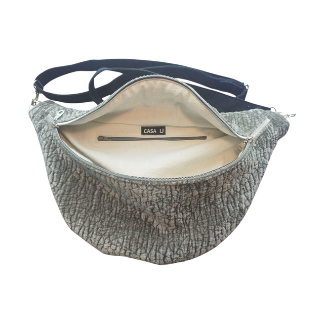 Sac banane en tissu Luxe gris effet velours avec bandoulière en suédine Alaska noir