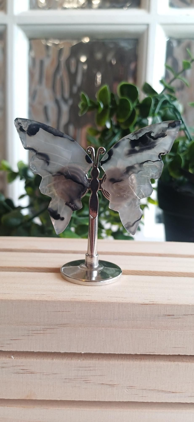 Black Agate Butterfly Wings on Silver Stand