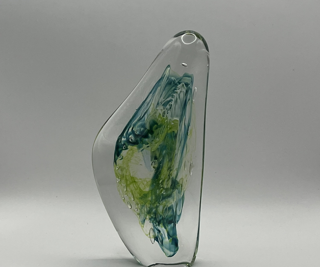 Jane Charles Glass Sculpture – Organic Triangular Form with Mottled Green Centre