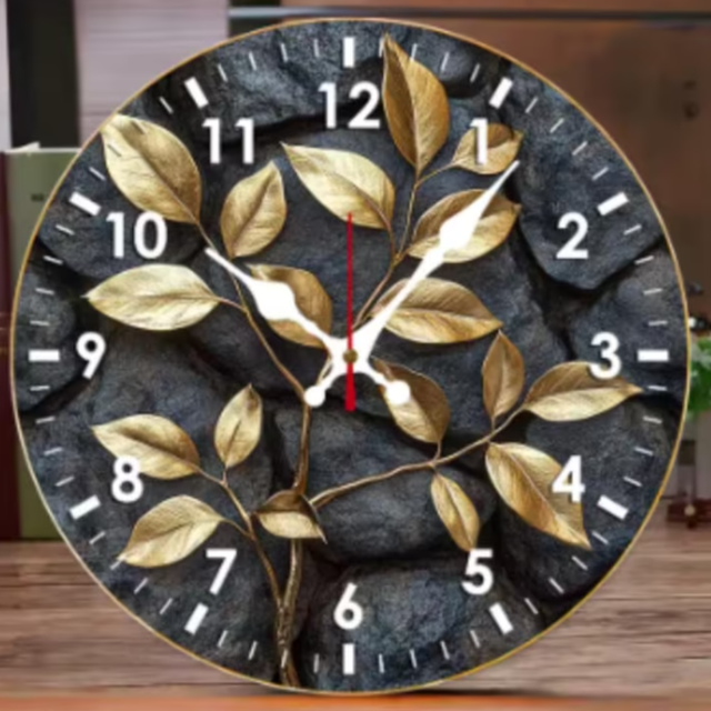 Ronde wandklok van hout Gouden Bladeren (25cm)