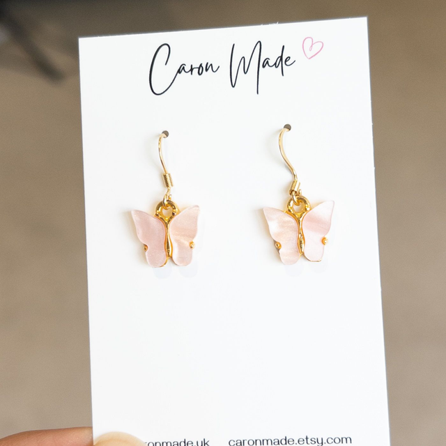 Butterfly charm earrings - light pink and gold