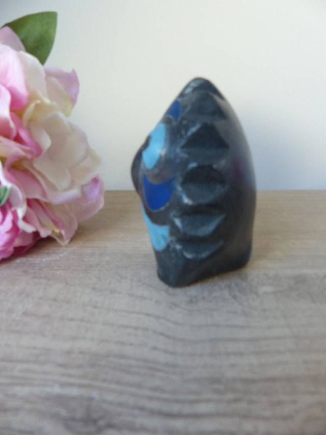 Figurine Chouette Mexicaine Vintage – Poterie en Argile Bleue et Noire, Sculpture Rare des Années 70