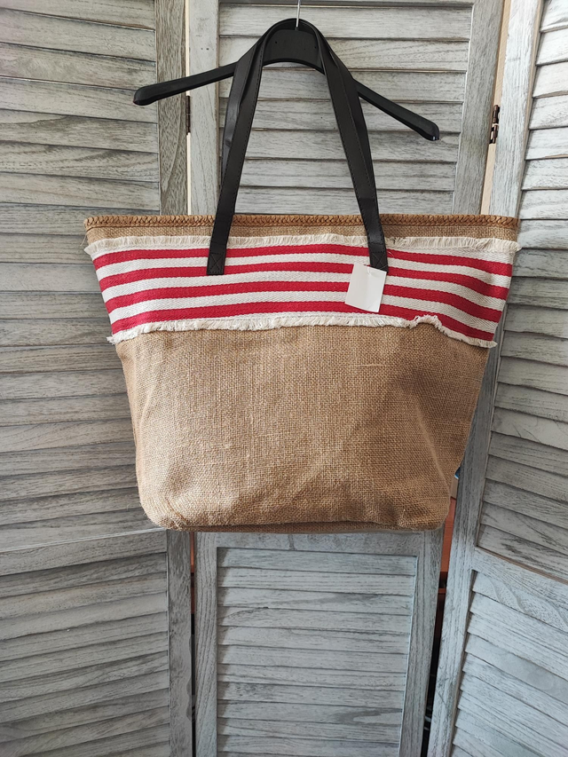 Τσάντα ψάθινη κόκκινο με μπεζ 