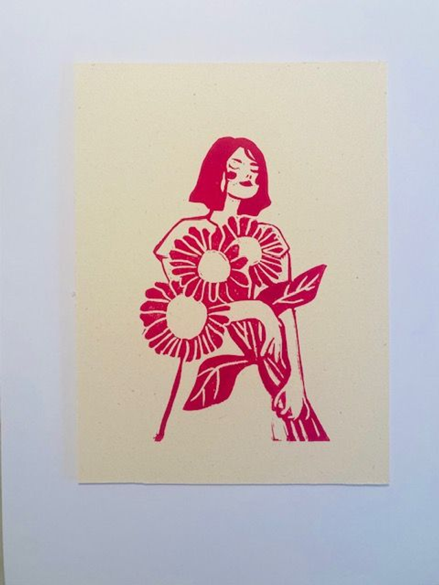 Linoldruck I Frau mit Blumen