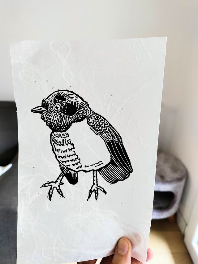 linogravure impression oiseau