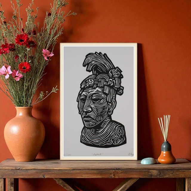 Linogravure Œuvre Maya "Pakal"