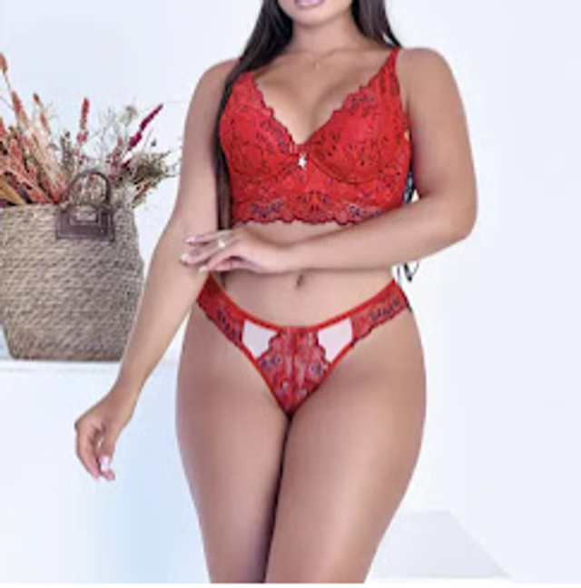 Conjunto Cropped /Bustier de Encaje Bordado en Rojo y Negro. Con aro y copa, braguita/culote de tule bordado