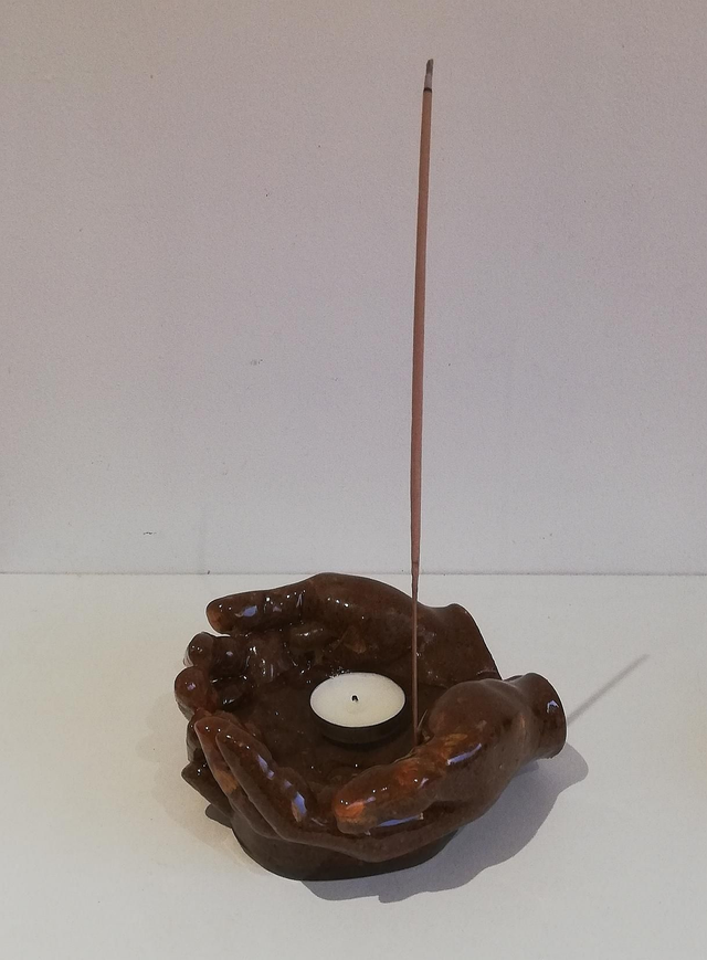 Support 4 éléments en terre d'ocre et fleurs séchées