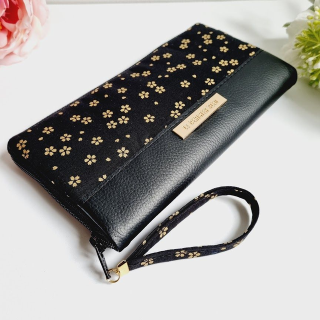 Portefeuille long zippé "Sakura" noir doré & simili cuir noir