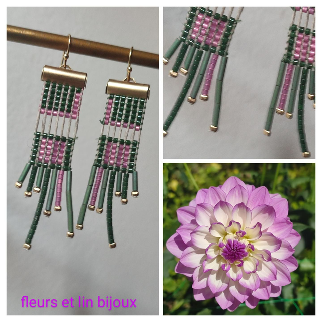 Boucles d&#039;oreilles tissées main en perles de verre miyuki rose et vert, pièce unique, sans nickel 