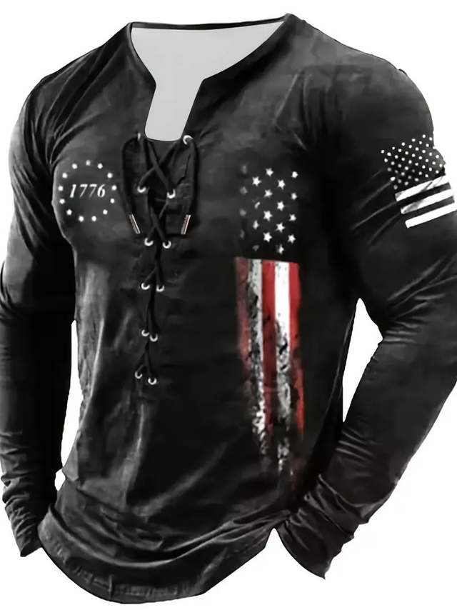 Men's Retro American Flag Print Long Sleeve Henley Shirt