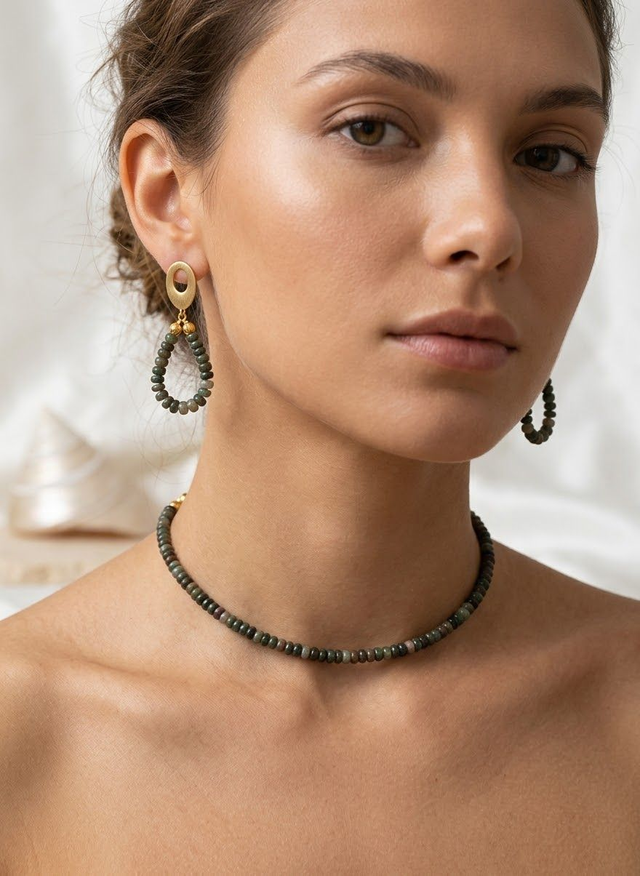 Parure "Terre & Forêt" – Collier Pierres Naturelles & Boucles Assorties