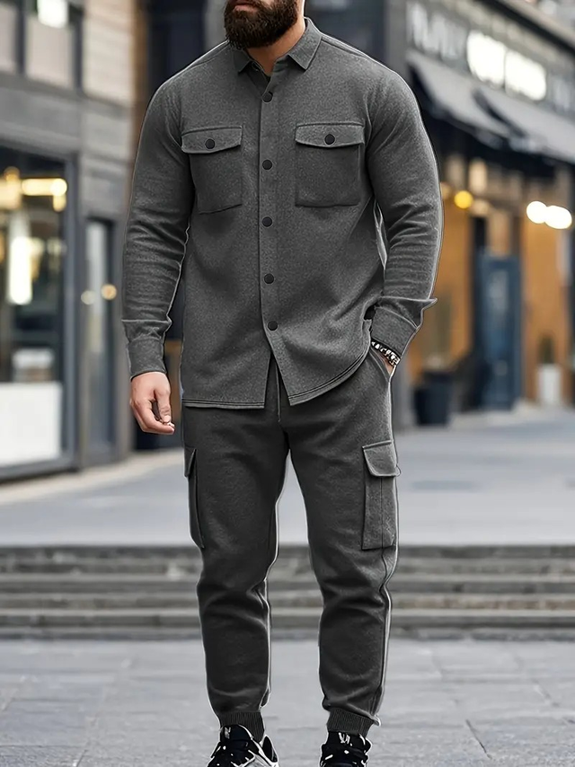 Men's casual multi-pocket shirt buckle tooling lapel long belt drawstring two-piece set