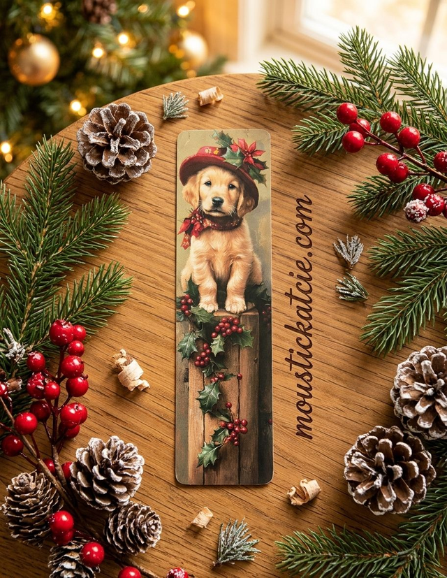 Marque-page Chiot de Noël en Papier Cartonné – Accessoire de Lecture Festif et Idée Cadeau