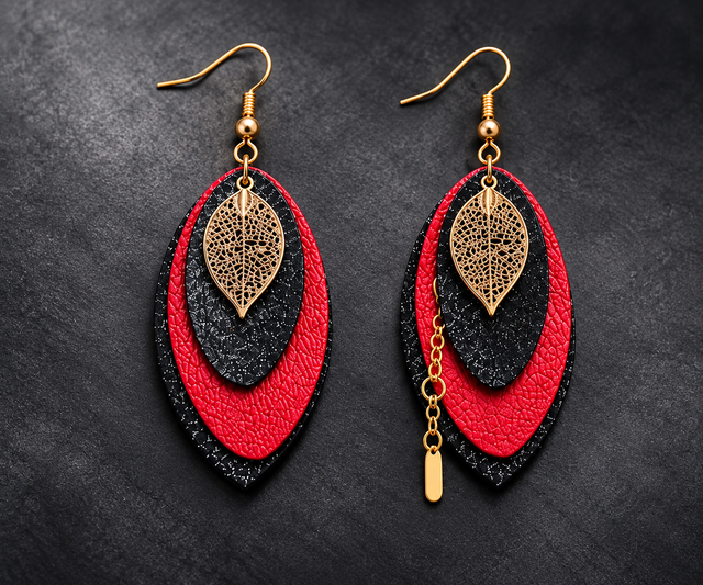Éclat Passion – Boucles d’oreilles en cuir rouge et noir, fantaisie dorée
