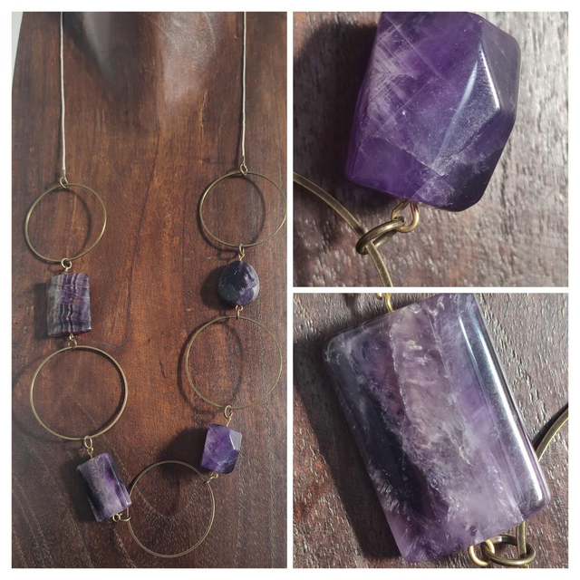 Sautoir améthyste ( pierres naturelles) et bronze, monté sur fil de lin réglable en pièce unique 