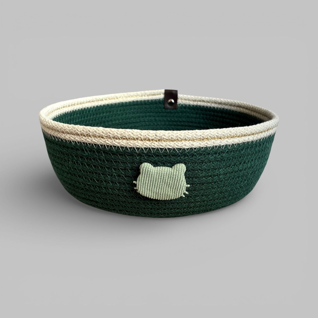 Panier / vide poche rond, double bordure blanche et fil doré avec un chat