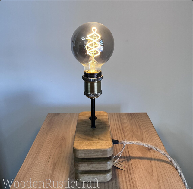 Oak and Maple Table Lamp with Tiered Wooden Base