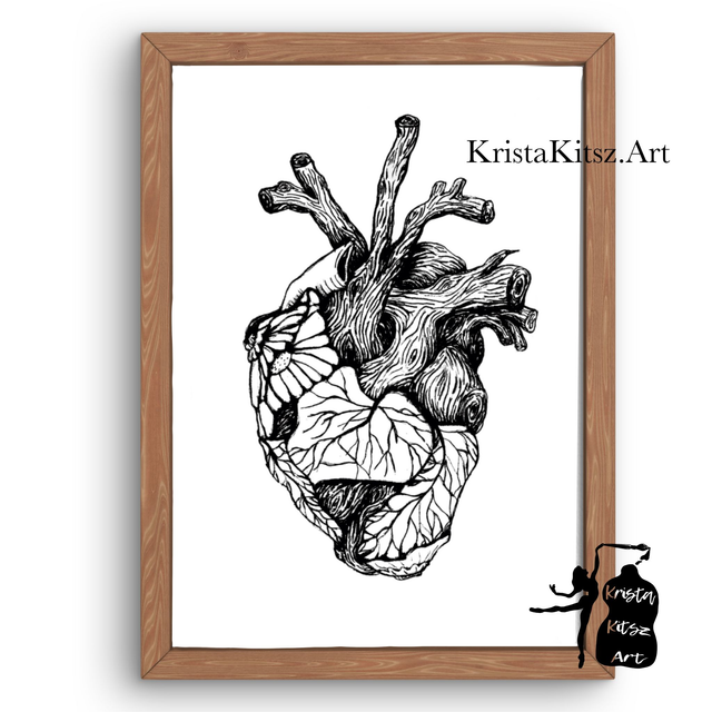 Tekening botanisch hart, luxe kunstprint op fine art papier 