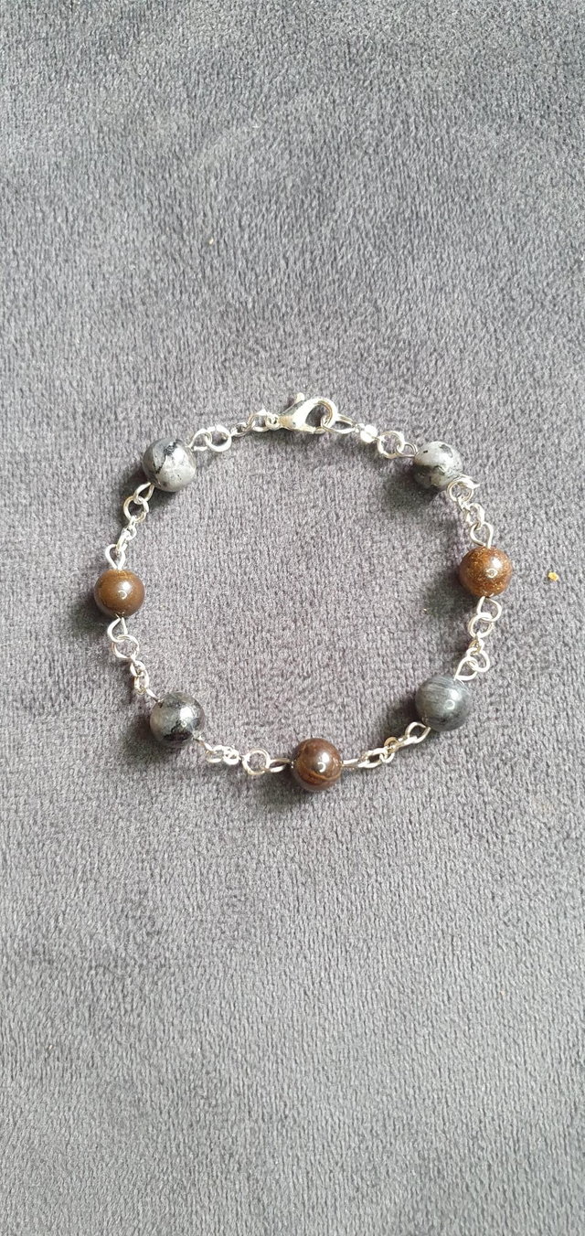 Bracelet acier inoxydable en Larvikite et Œil de fer