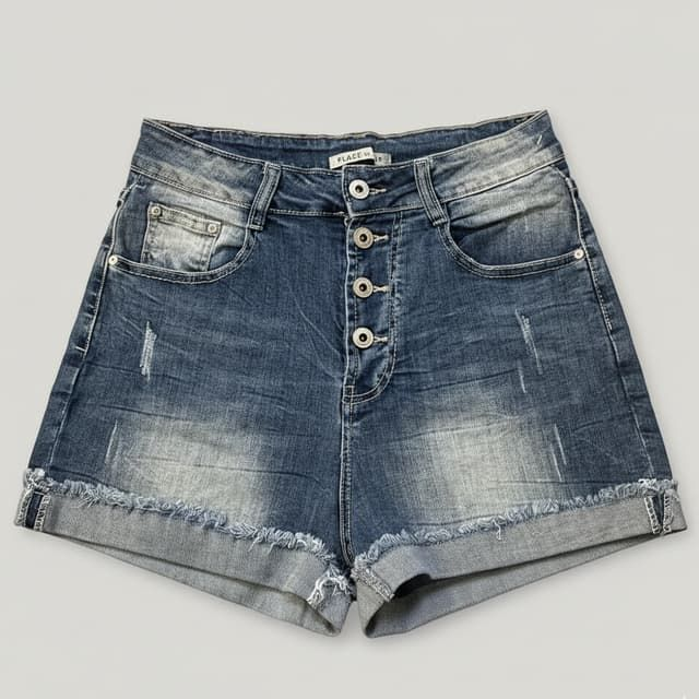 Short Denim Place du Jour à Boutons Apparents - Coton Stretch &amp; Revers Frangé