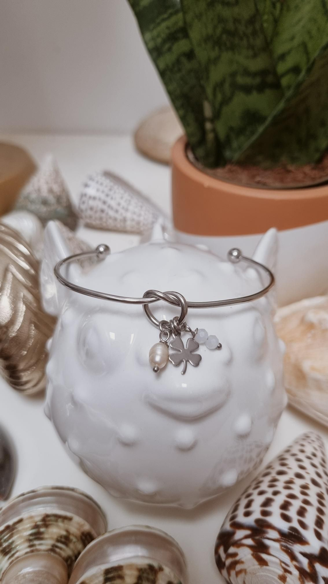 Jonc acier argenté - trèfle 