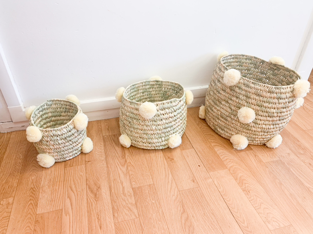 Set de panniers a pompons blanc crème 