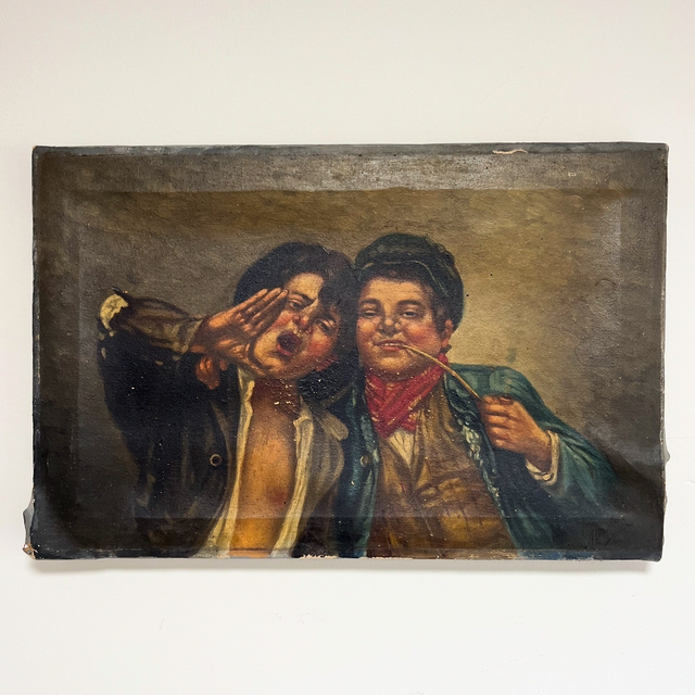 A Naive 20th Century Oil On Canvas Depicting Two Pipe-smoking Boys - Signed