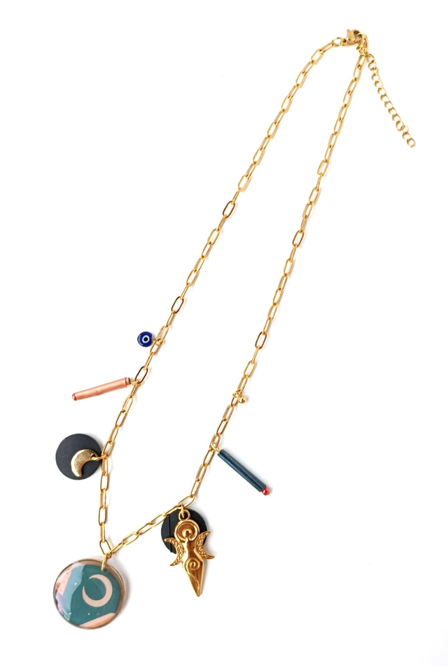 Collier à Breloques Upcyclé Carte de Tarot, Chambre à Air & Aluminium Recyclés - Lunaire