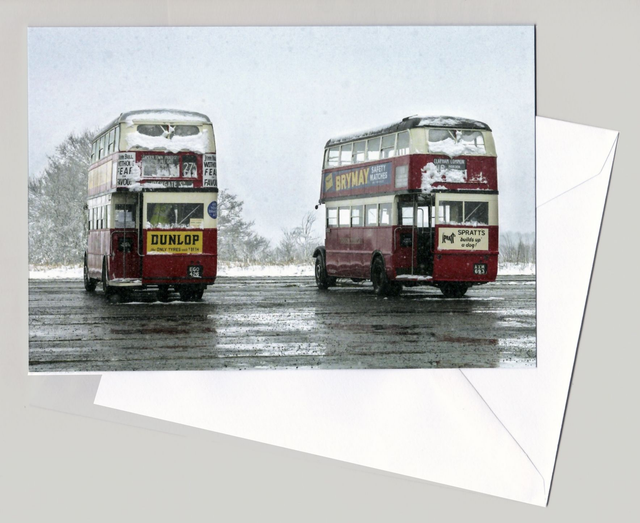 Folded Card    2 1930s STL London Buses in Snow.   Xmas/Notelet  Blank inside 7&#039;&#039; x 4.5&#039;&#039;
