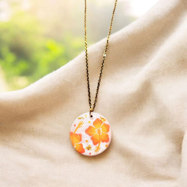 Collier dessiné Flora acier inoxydable orange jaune nacre