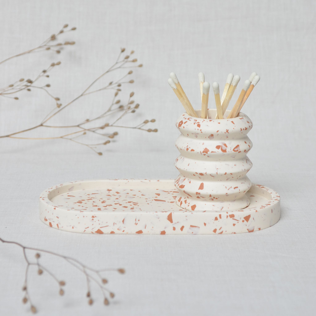 Ensemble plateau - support allumettes : Blanc terrazzo terracotta