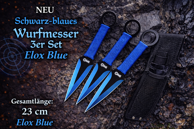 NEU Wurfmesser Kunai 3er Set elox blue – Eloxierte blaue Messer mit Cordura Etui für Sammler & Sport Wurfsport Fans
