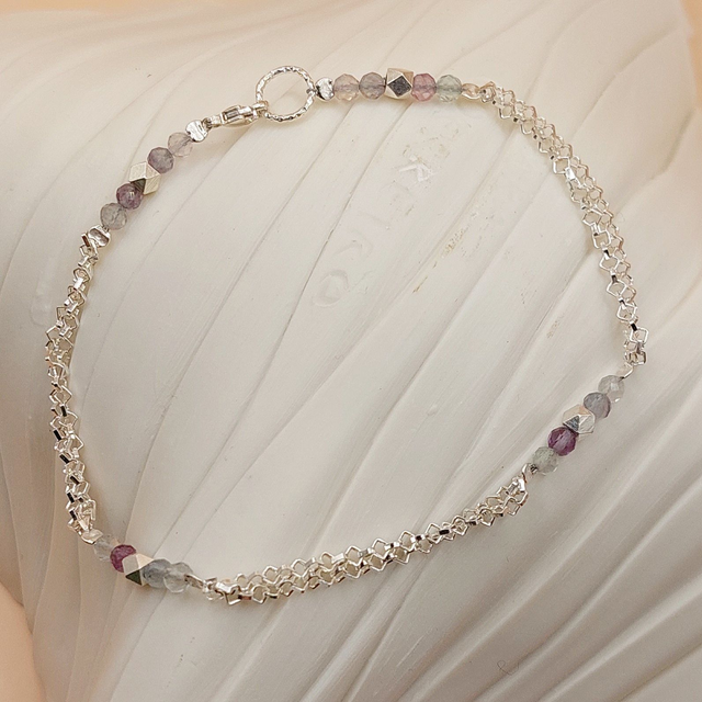 Sterling silver double chain bracelet with fluorite and sterling silver beads