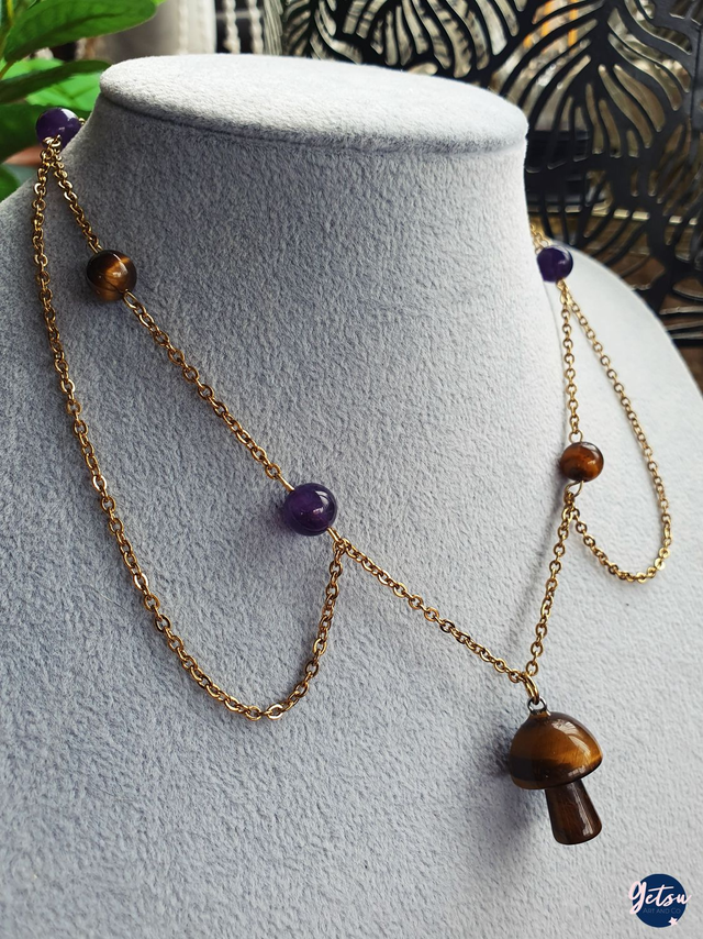 Collier champignons oeil de tigre et améthyste