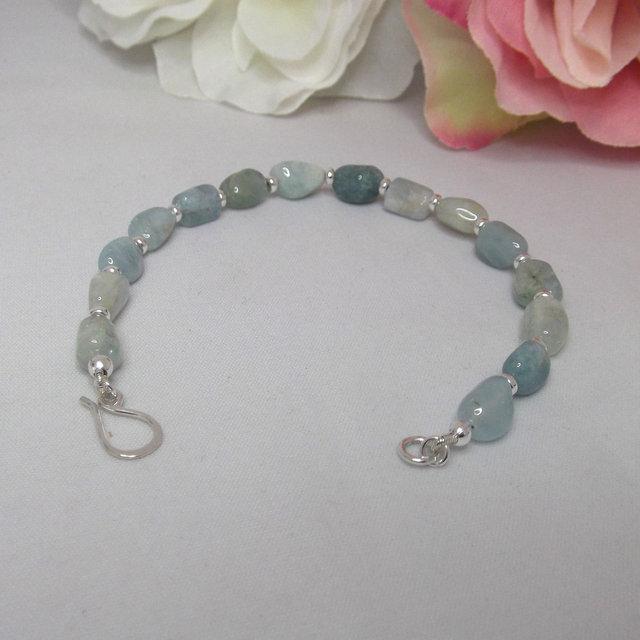 Aquamarine gemstone bead bracelet with small recycled silver spacer beads