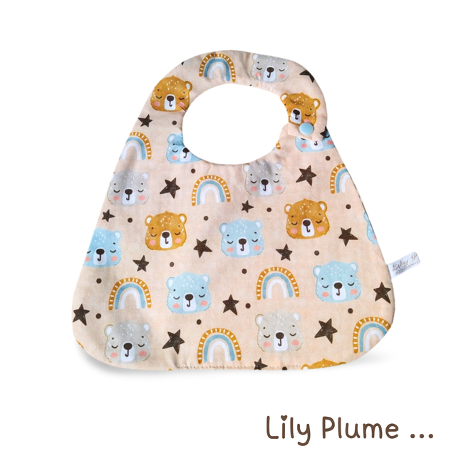 Bavoir pression beige tête d&#039;ours