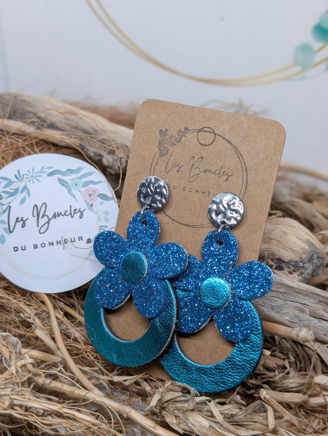 Boucles d'oreilles baby Marguerite bleu paillettes bm1136