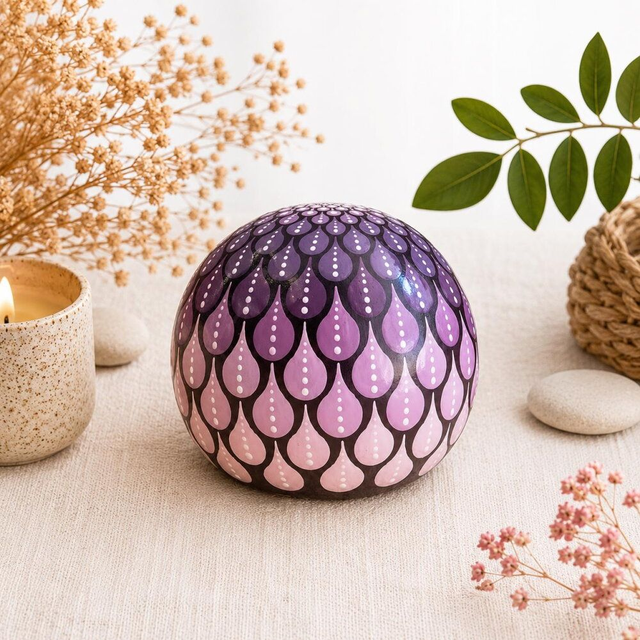 Sphère de méditation mandala prune &amp; noir – Peinte à la main