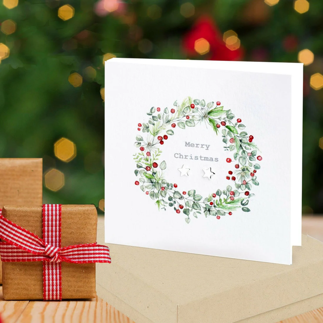 Christmas Wreath Card - Sterling Silver Star Stud Earrings
