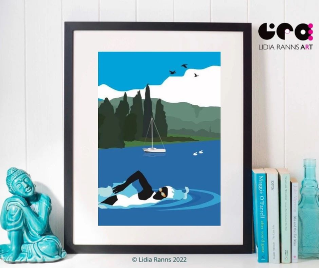 Open Water Swimmer. Windermere. Art Deco Style fine art print from original art by Lidia Ranns.