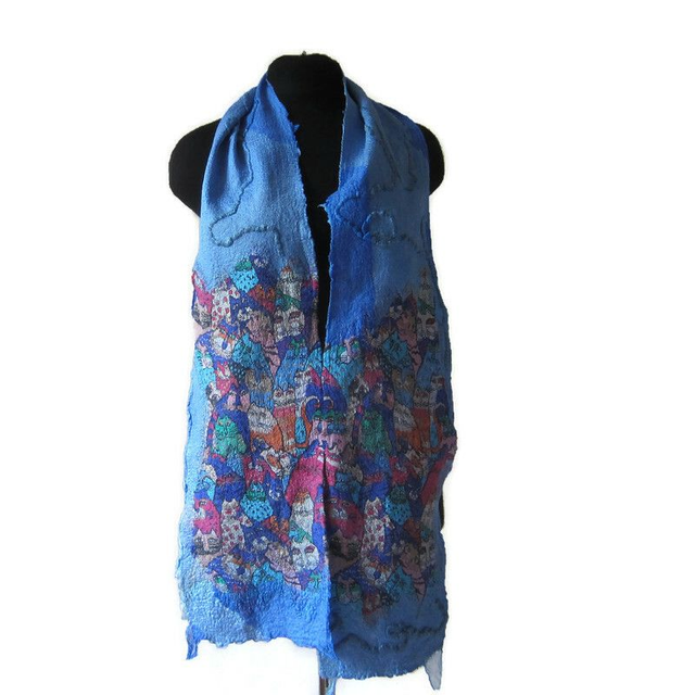 Sciarpa blu in feltro lana merino seta calda Sciarpa lunga donna infeltrita realizzata a mano