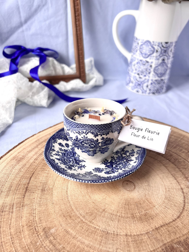 💙 Bougie Fleur de Lin - tasse à café &quot;dentelle&quot; en porcelaine avec sous tasse