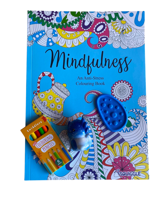Kids Mindfulness Colouring Set – Anti-Stress Book, Pencils, Dragon &amp; Sensory Pop Toy  
