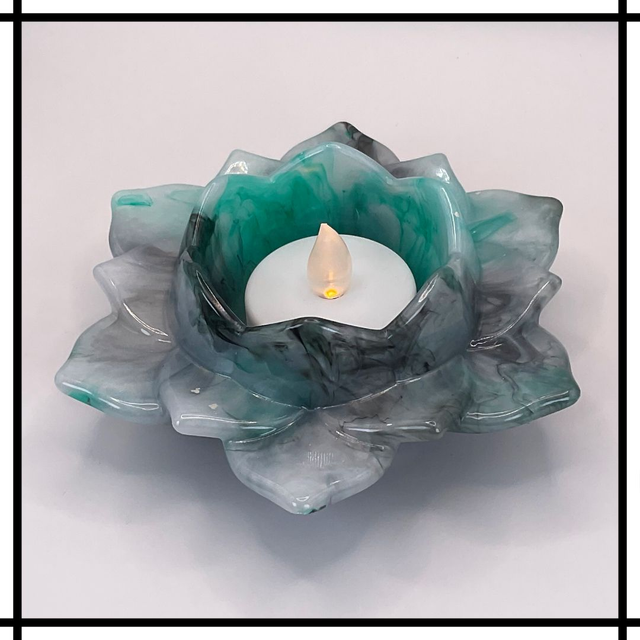 Handmade Resin Lotus Flower Tealight Holder – Ink Drop Green and Black | Decorative Mindfulness Home Décor - LTH-020